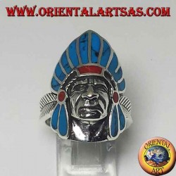 Ring in silver Indian native American face with turquoise feathers