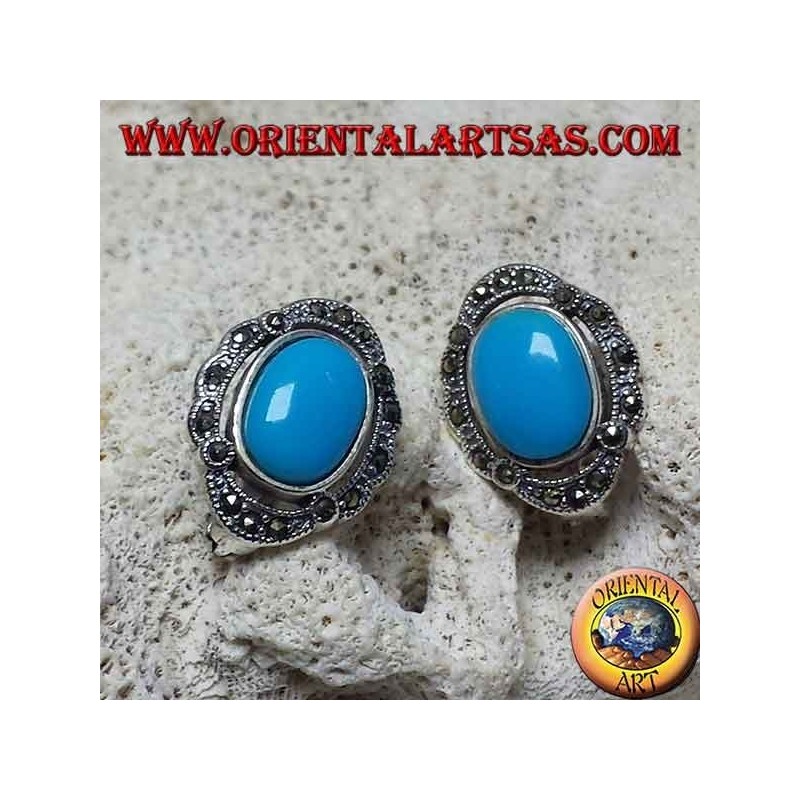 Silver lobe earrings with oval turquoise and marcasites