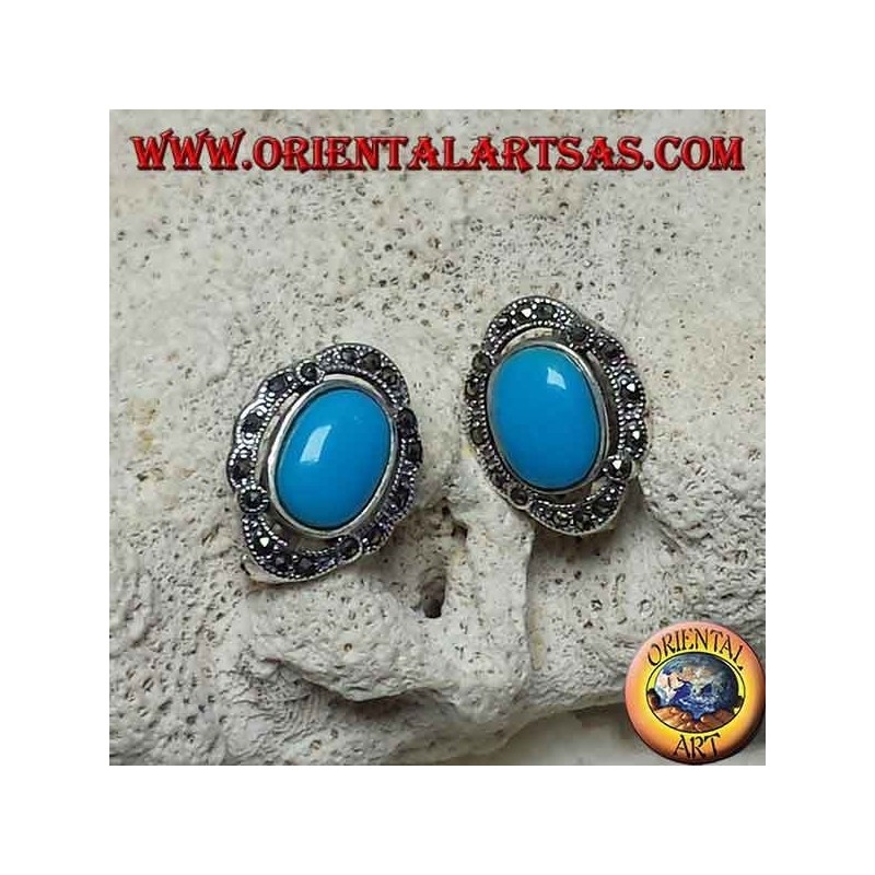 Silver lobe earrings with oval turquoise and marcasites