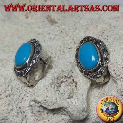 Silver lobe earrings with oval turquoise and marcasites
