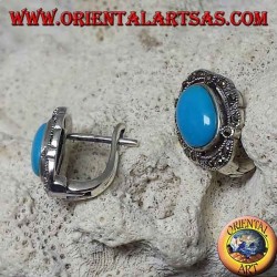 Silver lobe earrings with oval turquoise and marcasites