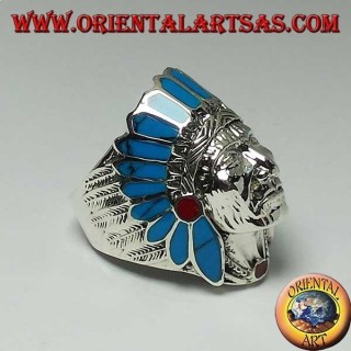 Anillo de plata de cabeza de indio nativo americano con plumas de turquesa y coral (grande)