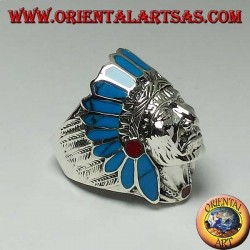 خاتم فضة من رأس الهنود الأمريكيين الأصليين مع الفيروز والريش المرجاني (كبير)