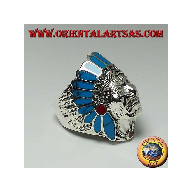 Silberring mit indianischem Indianerkopf mit Türkis- und Korallenfedern (groß)