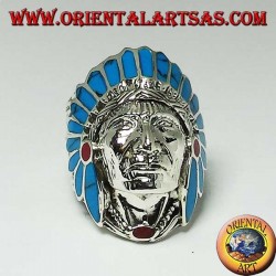 Anillo de plata de cabeza de indio nativo americano con plumas de turquesa y coral (grande)