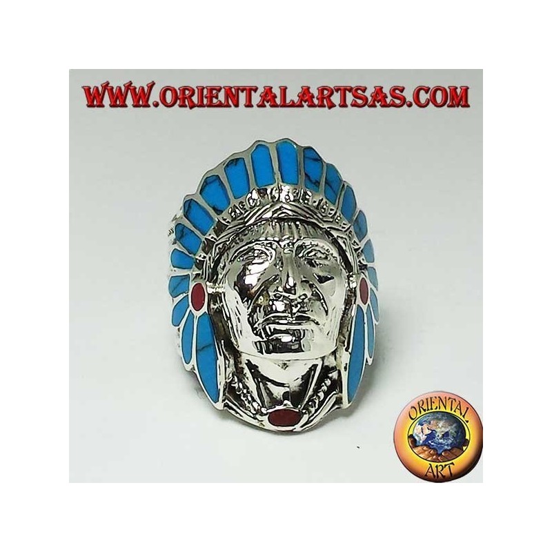 Silver ring of Indian native American head with turquoise and coral feathers (large)
