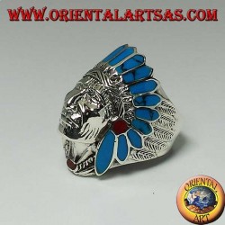 Bague en argent d'une tête d'amérindienne avec des plumes de turquoise et de corail (grande)