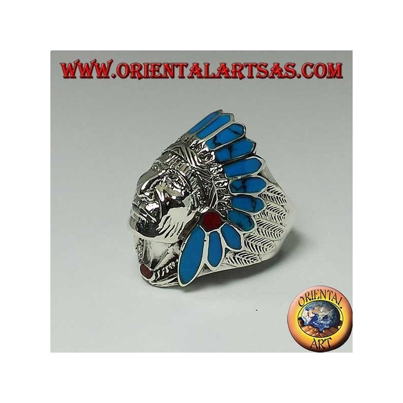 Anillo de plata de cabeza de indio nativo americano con plumas de turquesa y coral (grande)
