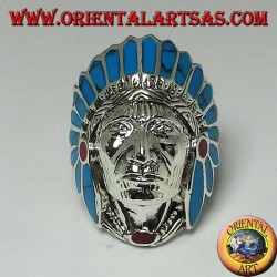 Silberring mit indianischem Indianerkopf mit Türkis- und Korallenfedern (groß)