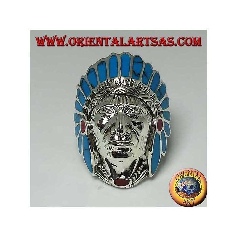 Bague en argent d'une tête d'amérindienne avec des plumes de turquoise et de corail (grande)