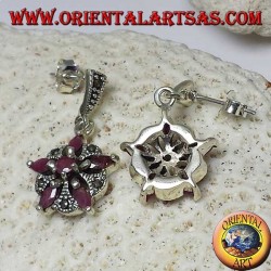 Boucles d'oreilles en argent avec 5 rubis naturels dans une navette + 1 tour pour former une étoile et marcassite