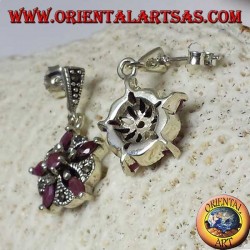 Silver earrings with 5 natural rubies in a shuttle + 1 round to form a star and marcasite