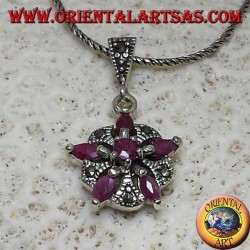 Silver pendant with 5 natural rubies in a shuttle + 1 round to form a star and marcasite