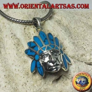 Pendentif en argent, indigène indien avec coiffe de plumes turquoise