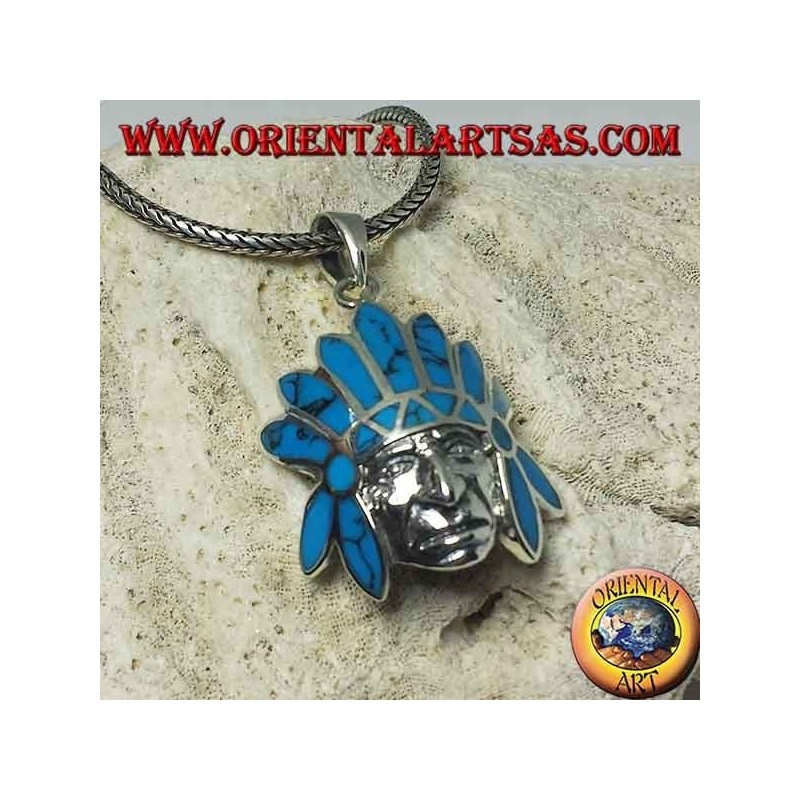 Colgante de plata, indio nativo con tocado de plumas turquesa