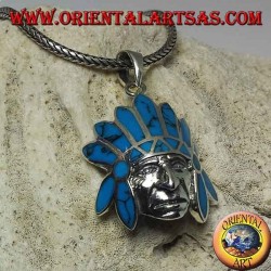 Colgante de plata, indio nativo con tocado de plumas turquesa