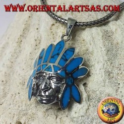 Colgante de plata, indio nativo con tocado de plumas turquesa