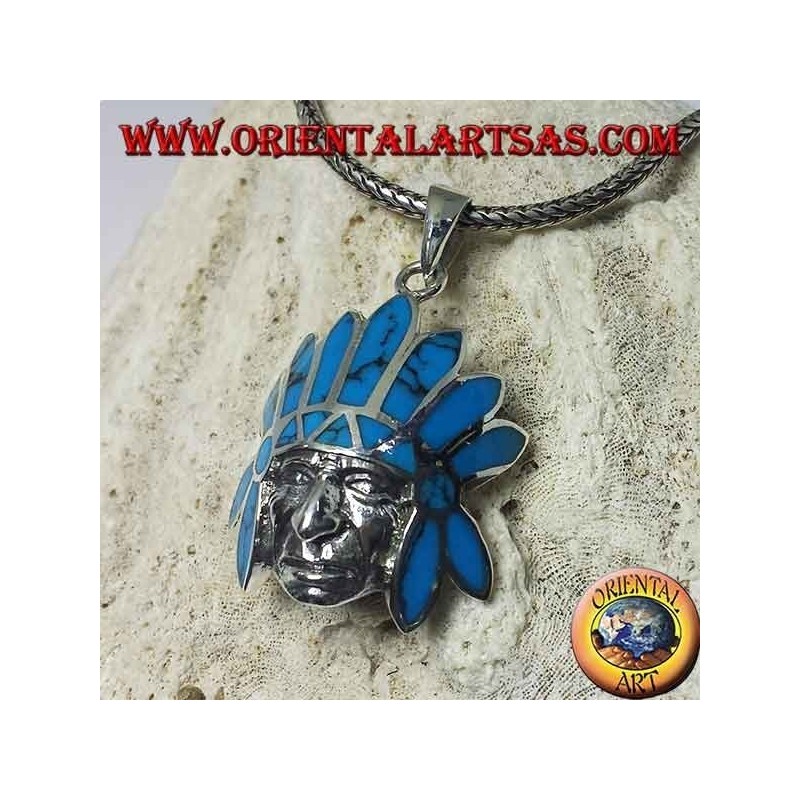 Pendentif en argent, indigène indien avec coiffe de plumes turquoise