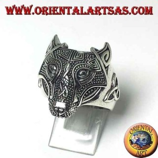 Silver wolf's head ring with Celtic knot