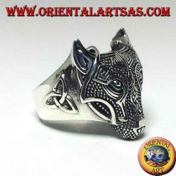 Silver wolf's head ring with Celtic knot