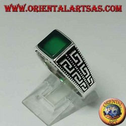 Silver ring with flat green square agate and two rows of Greek on the sides