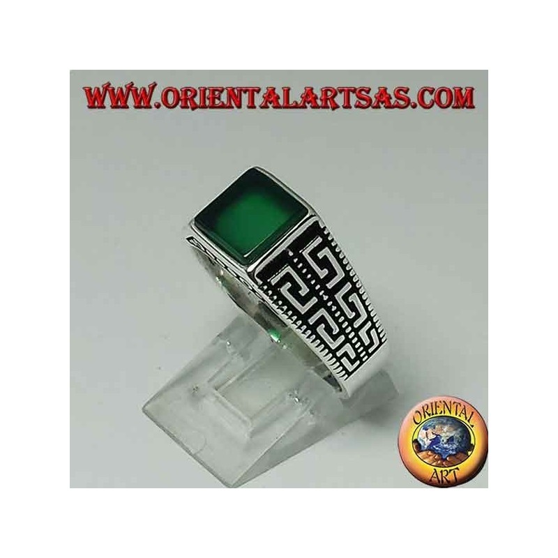 Silver ring with flat green square agate and two rows of Greek on the sides