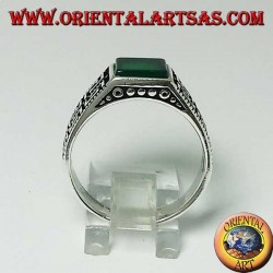 Silver ring with flat green square agate and two rows of Greek on the sides