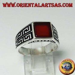 Silver ring with flat square carnelian and two rows of Greek on the sides