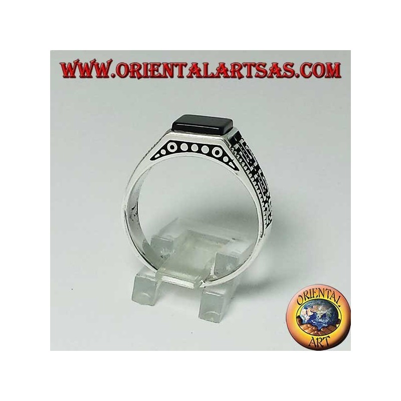 Silver ring with flat square onyx and two rows of Greek on the sides