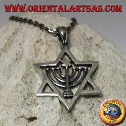 Silver star of David pendant with Menorah and star inside