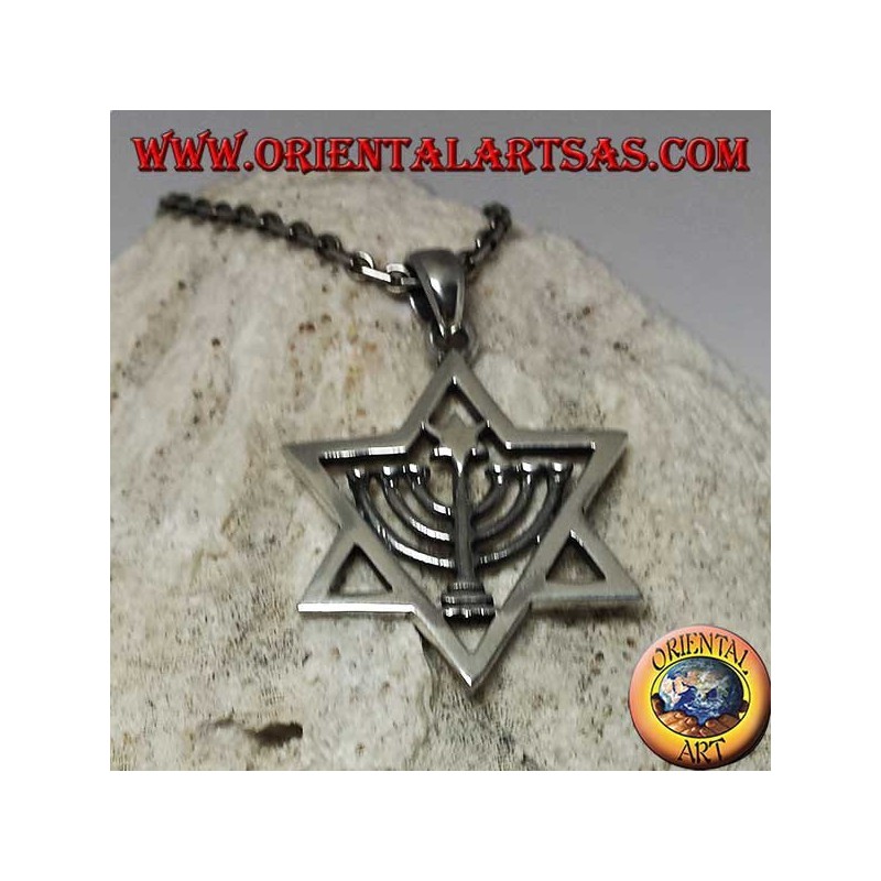 Silver star of David pendant with Menorah and star inside