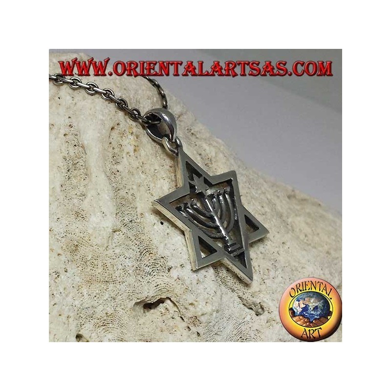 Silver star of David pendant with Menorah and star inside