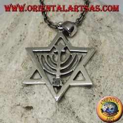 Pendentif étoile de David en argent avec Menorah et étoile à l'intérieur