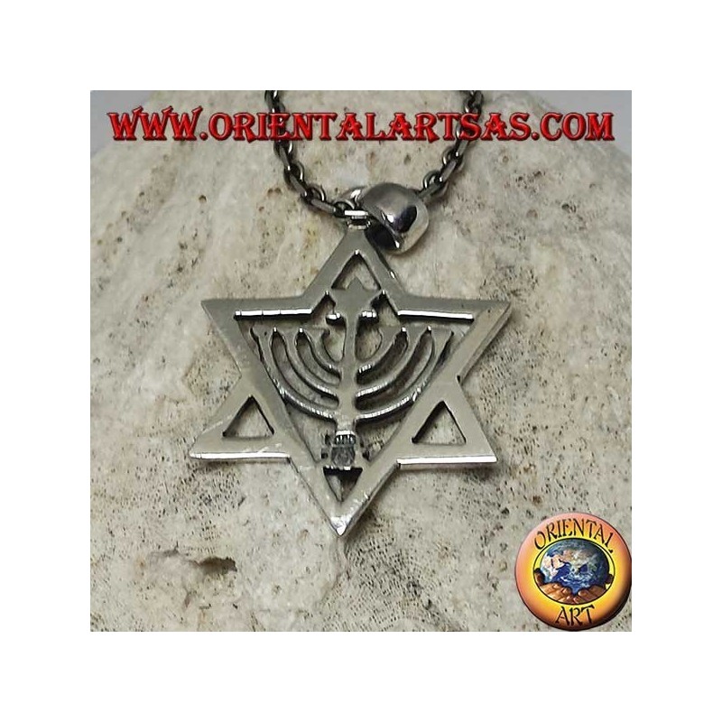 Colgante de estrella de David de plata con Menorah y estrella en el interior
