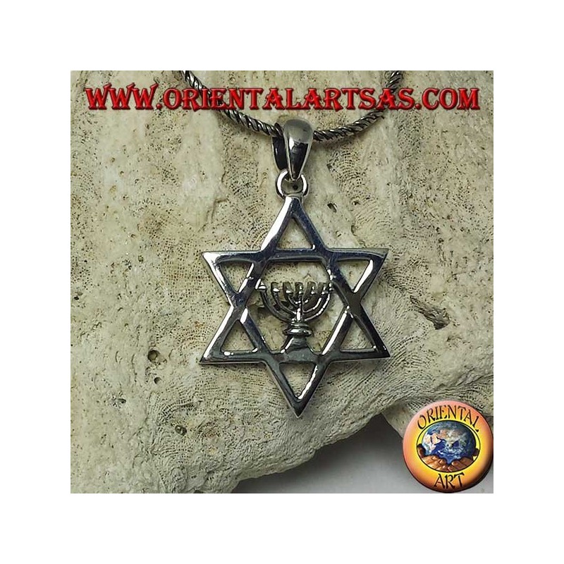 Silver star of David pendant with Menorah Jewish sacred lamp inside