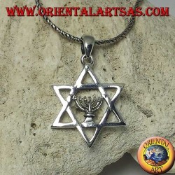Silver star of David pendant with Menorah Jewish sacred lamp inside