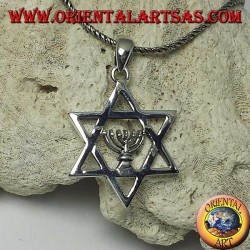 Silver star of David pendant with Menorah Jewish sacred lamp inside