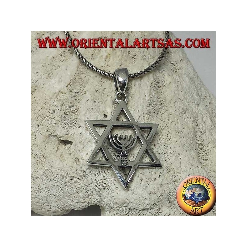 Pendentif étoile de David en argent avec lampe sacrée juive Menorah à l'intérieur
