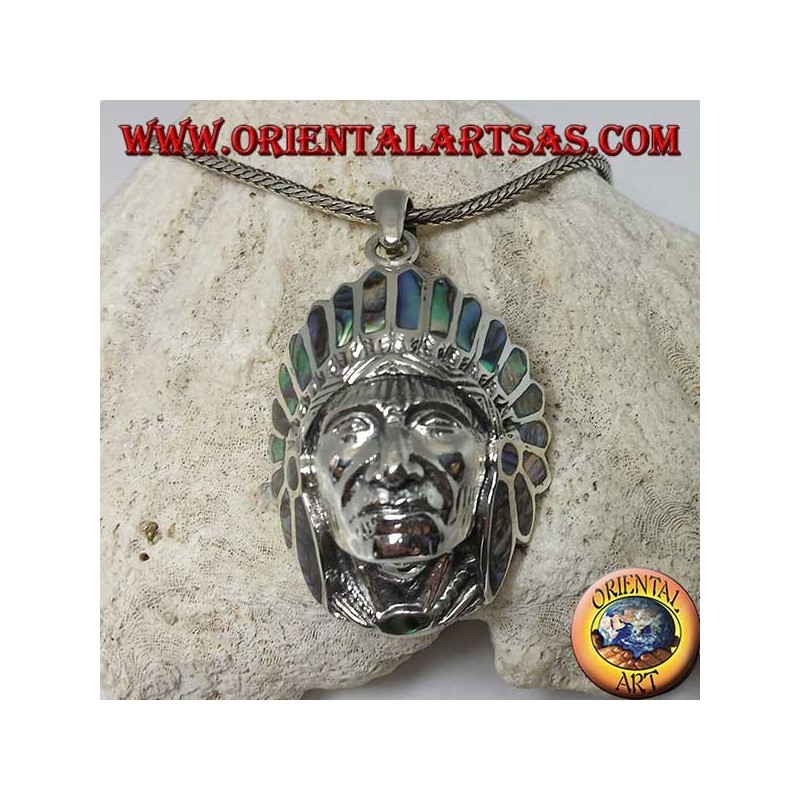 Silver pendant, native Indian head with paua shell headdress (Abalone)