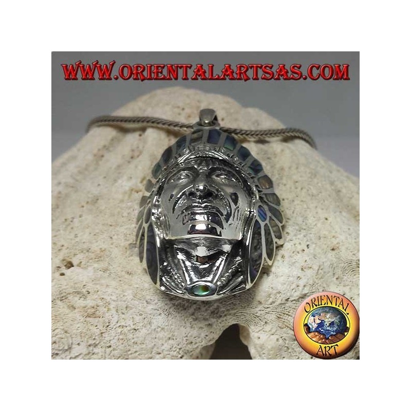 Silberanhänger, Indianerkopf mit Paua Muschelkopfschmuck (Abalone)