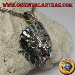 Silver pendant, native Indian head with paua shell headdress (Abalone)
