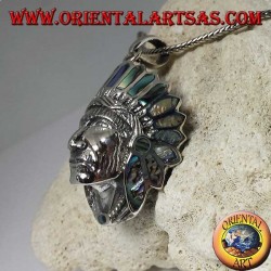 Silberanhänger, Indianerkopf mit Paua Muschelkopfschmuck (Abalone)