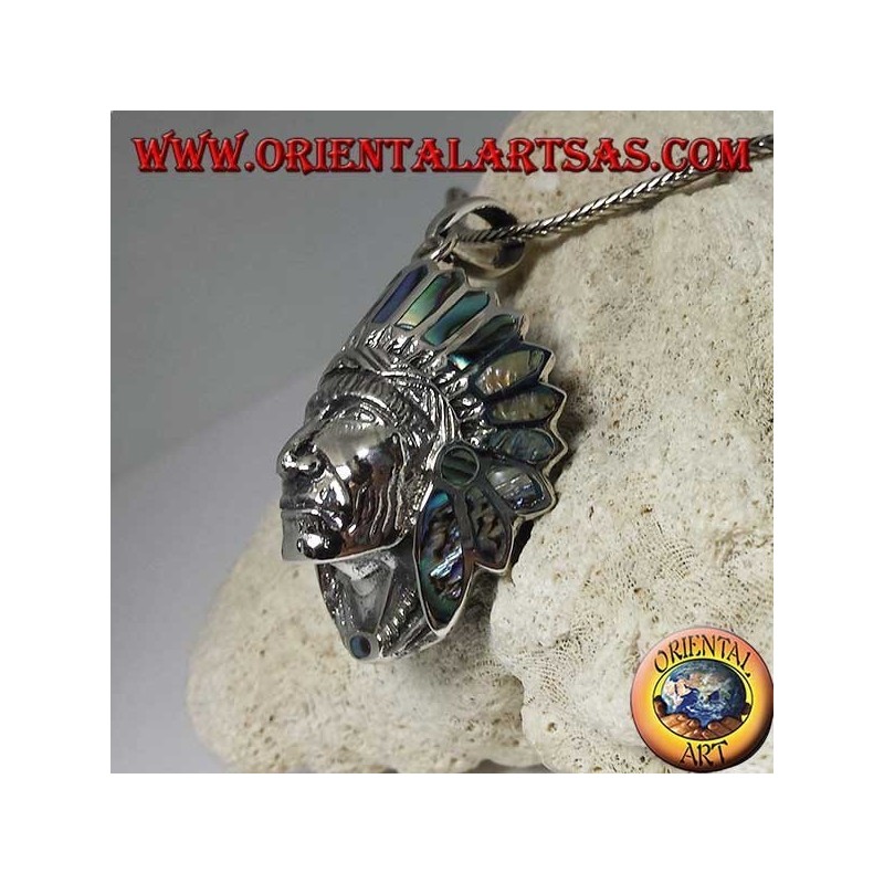 Silberanhänger, Indianerkopf mit Paua Muschelkopfschmuck (Abalone)