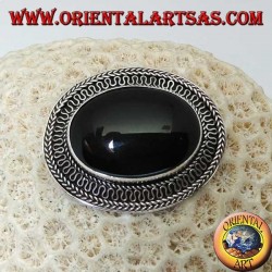 Handmade silver brooch with large oval onyx