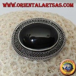 Handmade silver brooch with large oval onyx