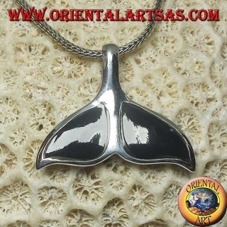 Silver pendant in the shape of a whale tail with onyx (large)