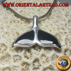 Silver pendant in the shape of a whale tail with onyx (large)