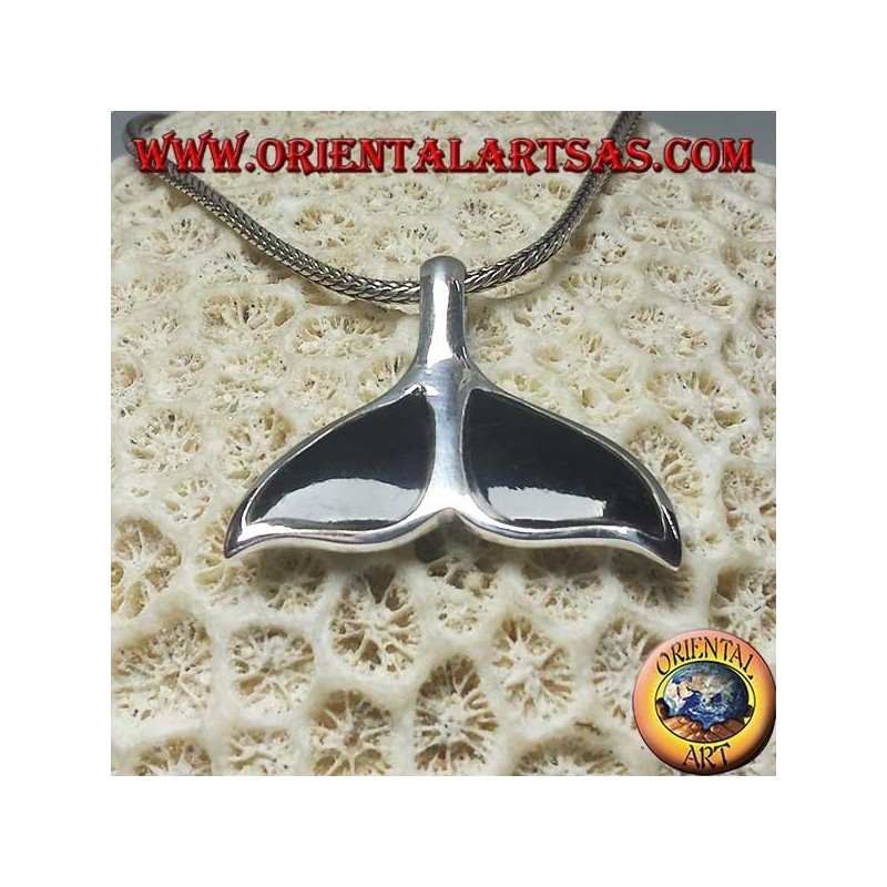 Silver pendant in the shape of a whale tail with onyx (large)