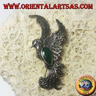 Broche en argent du phénix avec agate verte et marcassites