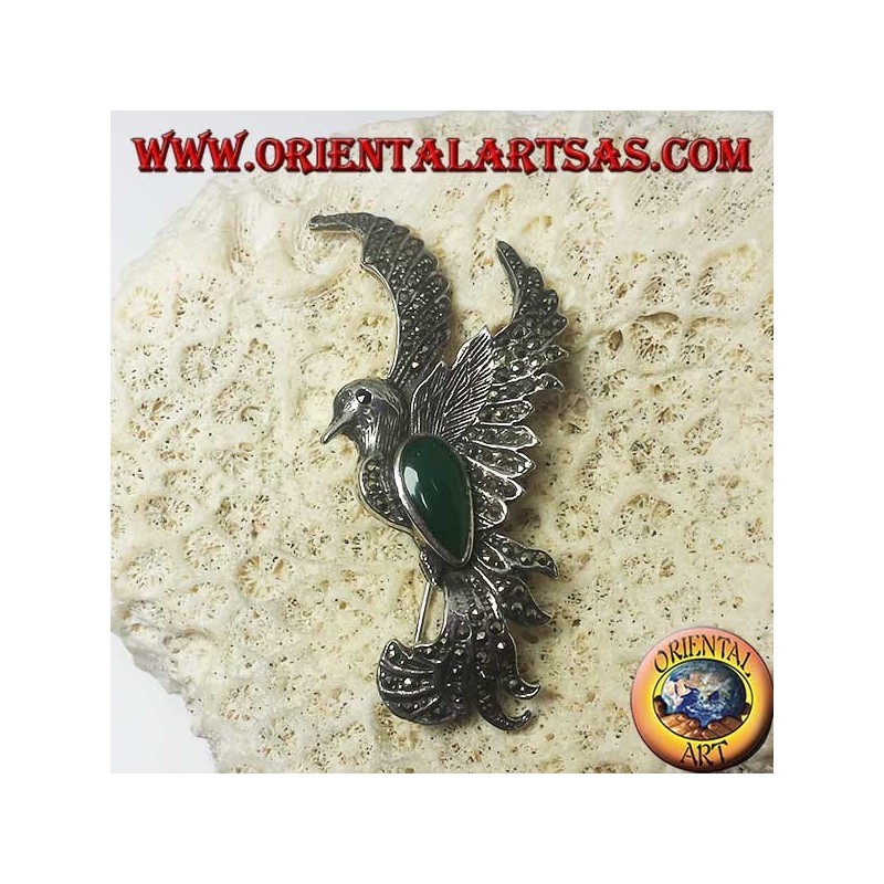 Spilla in argento della fenice con agata verde e marcassiti